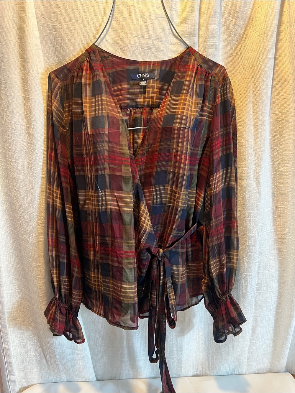 Chaps Plaid Tie-Front Wrap Blouse in Burgundy, Navy & Olive SIZE MEDIUM